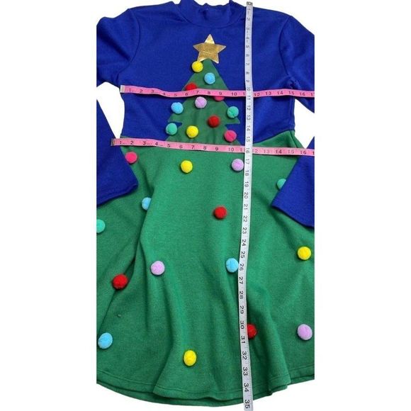 Mighty Fine Dress Women's MEDIUM Blue Green Cute Tree Holiday‎ Seasonal Pom-Pom - Picture 4 of 16